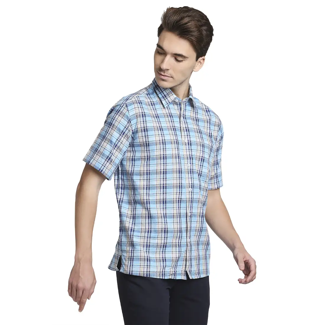 Men Blue Classic Fit Checks Cotton Half Sleeve Shirts - Image 2