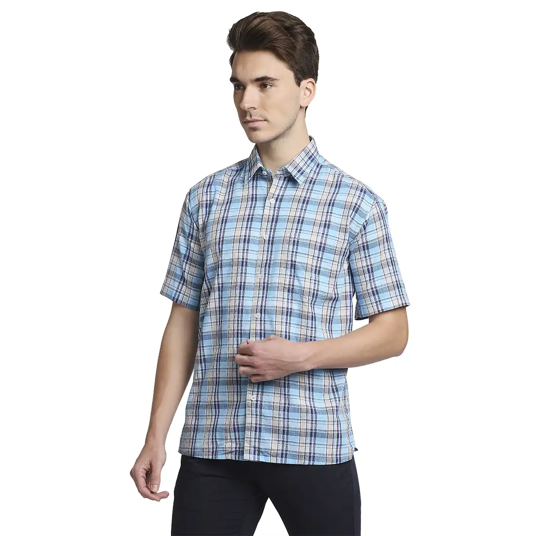 Men Blue Classic Fit Checks Cotton Half Sleeve Shirts - Image 3