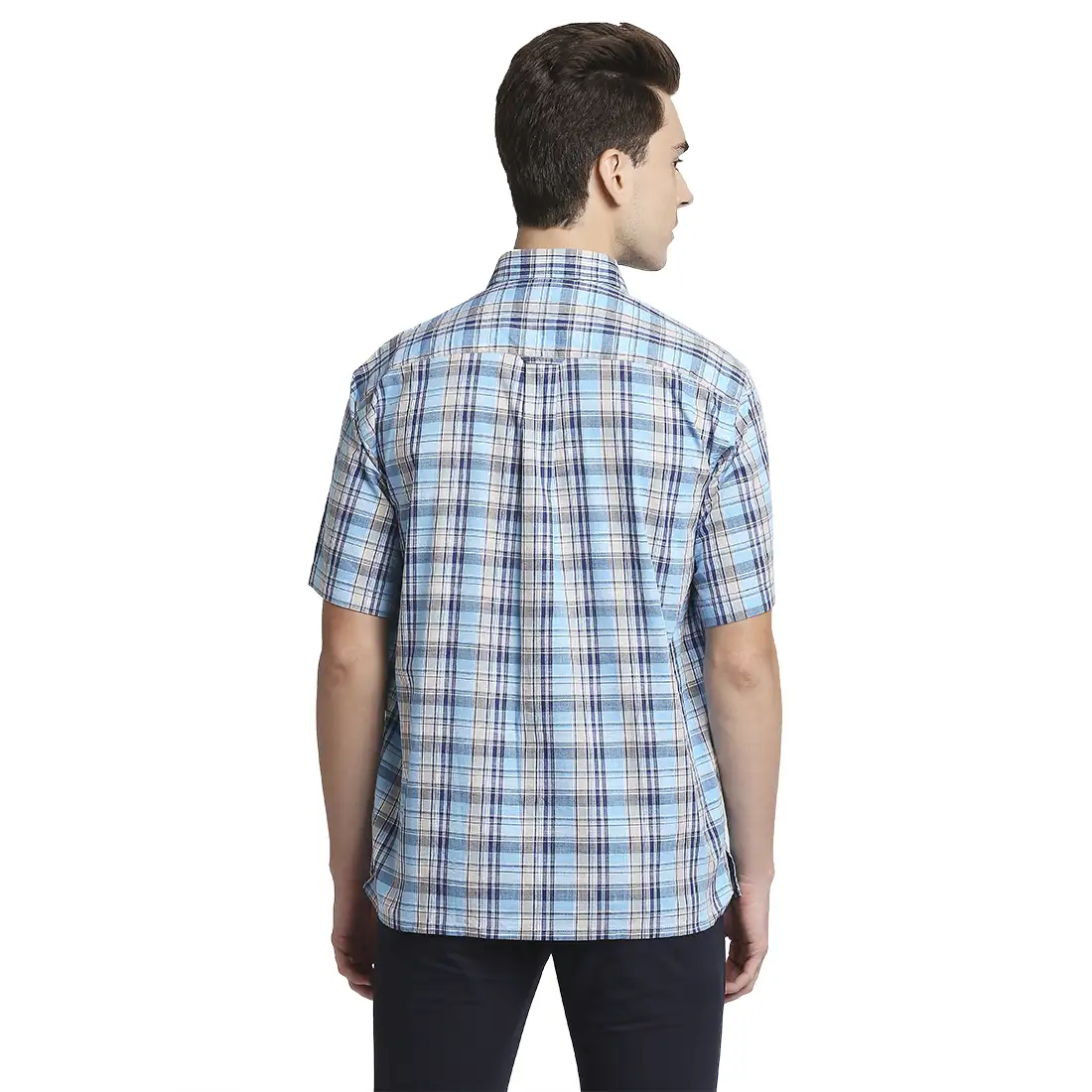 Men Blue Classic Fit Checks Cotton Half Sleeve Shirts - Image 4