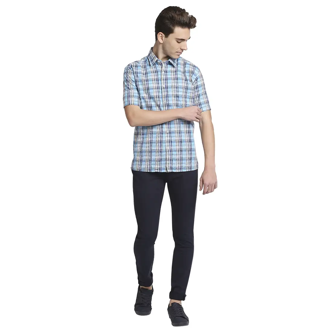 Men Blue Classic Fit Checks Cotton Half Sleeve Shirts - Image 5