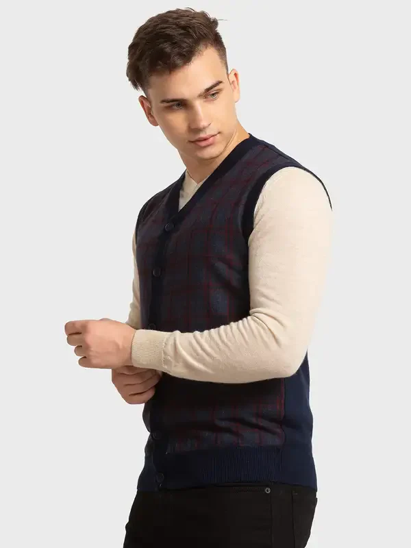 Colorplus Men Blue Classic Fit Checks V Neck Collar Sweater - Image 3