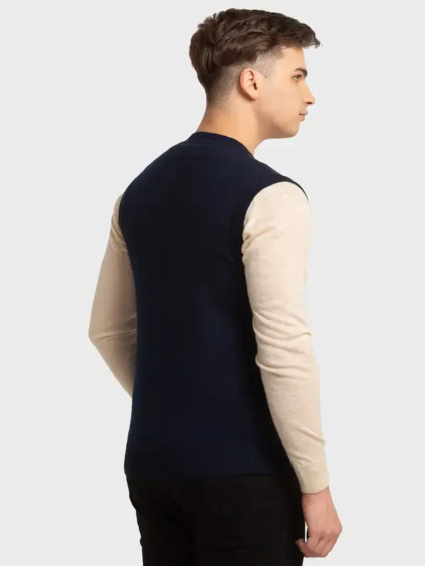 Colorplus Men Blue Classic Fit Checks V Neck Collar Sweater - Image 4
