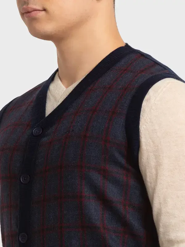 Colorplus Men Blue Classic Fit Checks V Neck Collar Sweater - Image 6
