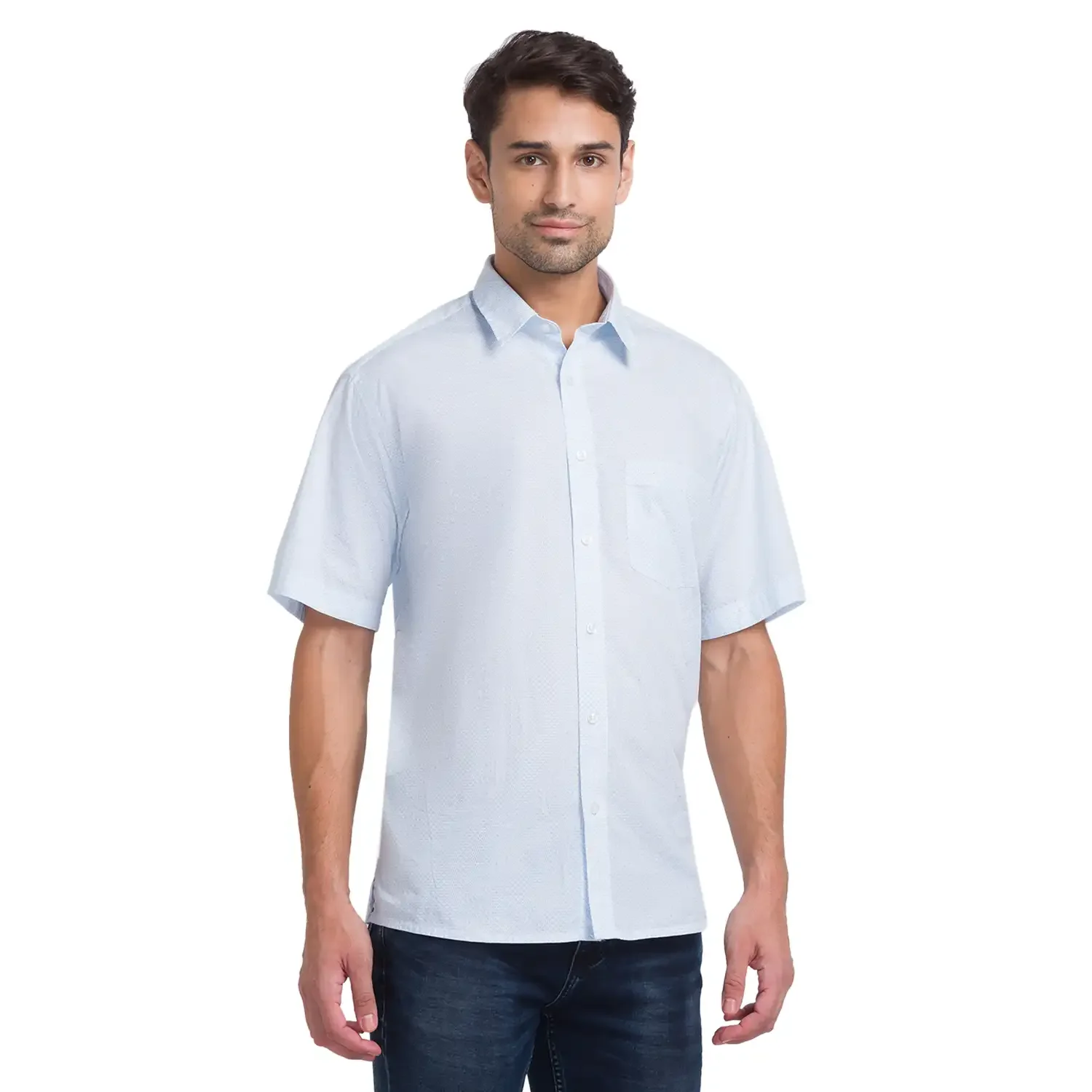 Men Blue Classic Fit Print Cotton Half Sleeve Shirts - Image 2