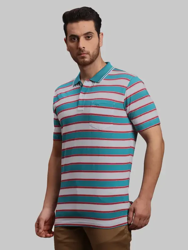 Men Blue Classic Fit Stripe Cotton Half Sleeve T-Shirt - Image 3