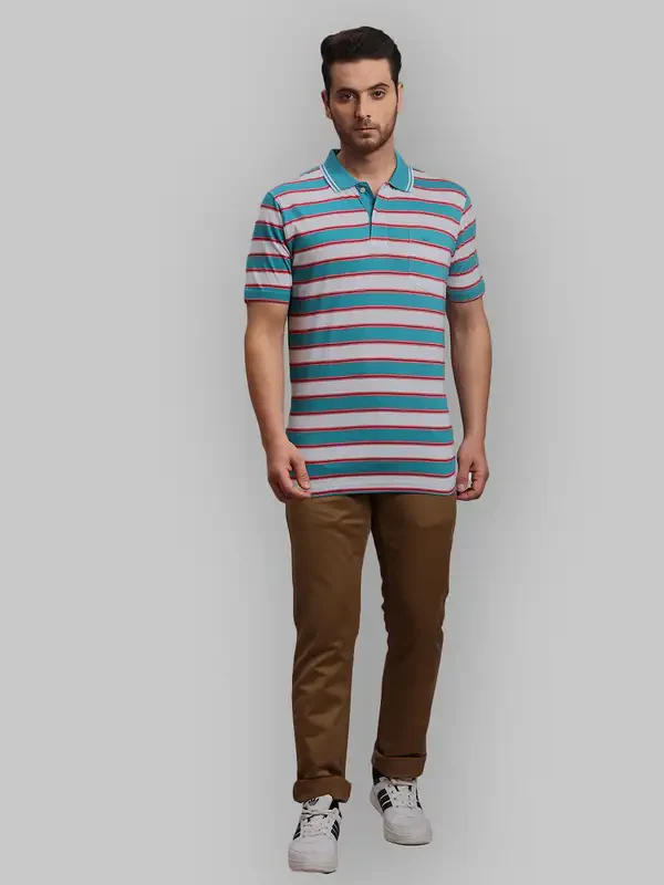Men Blue Classic Fit Stripe Cotton Half Sleeve T-Shirt - Image 5