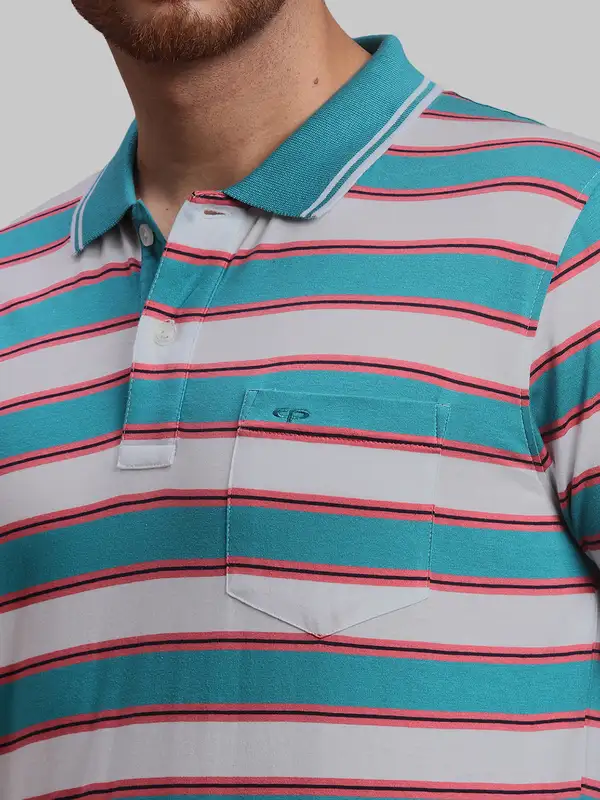 Men Blue Classic Fit Stripe Cotton Half Sleeve T-Shirt - Image 6
