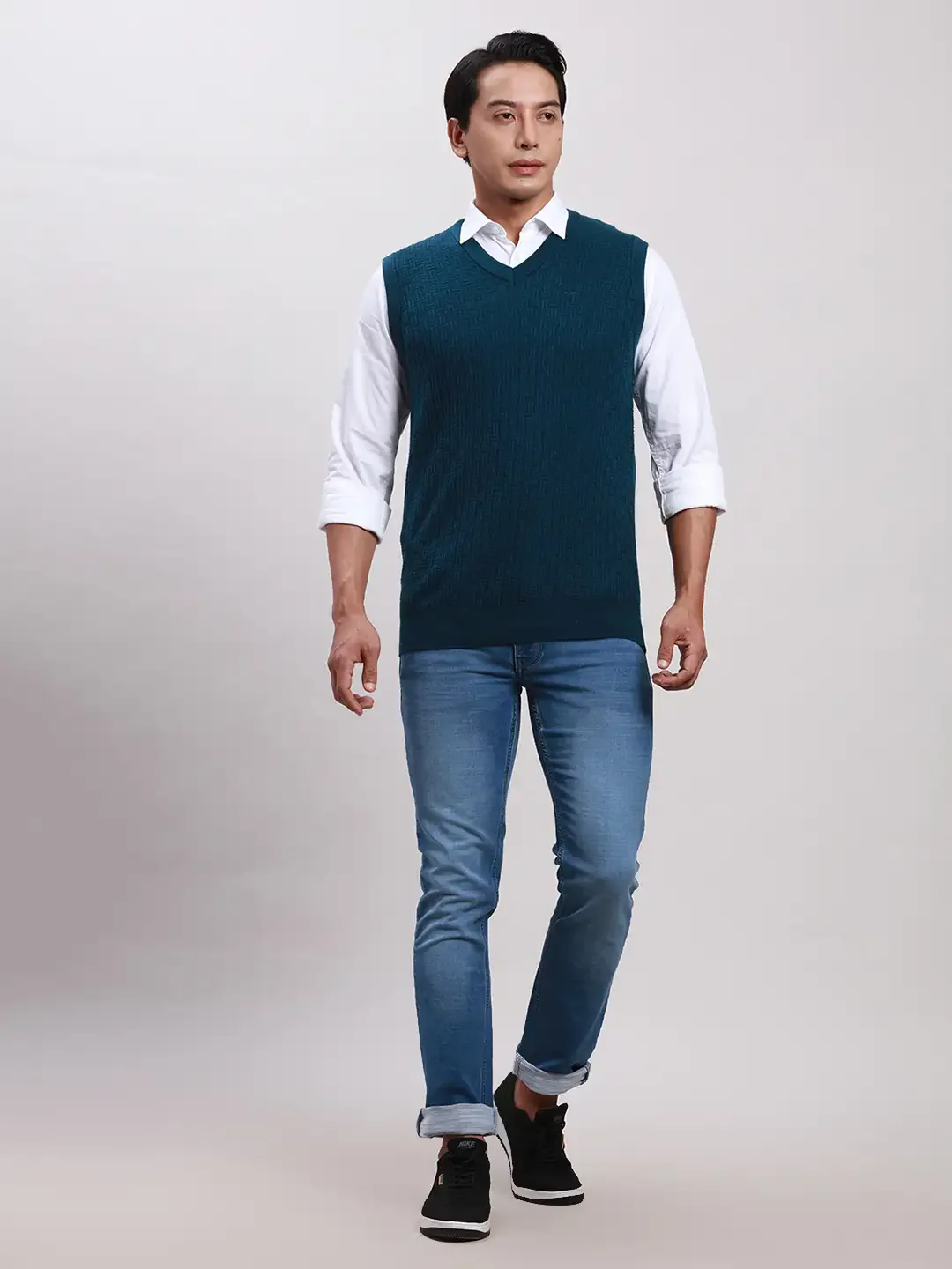Colorplus Men Blue Classic Fit Structure Sweater - Image 5