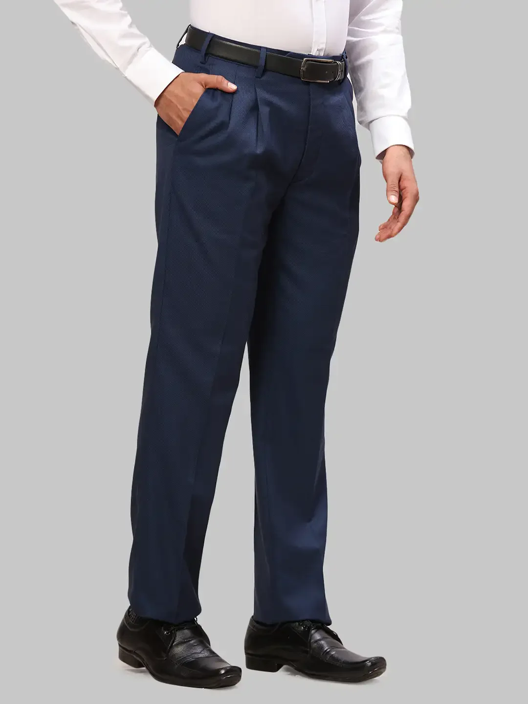 Men Blue Classic Fit Structure Polyester Blend Trouser - Image 2