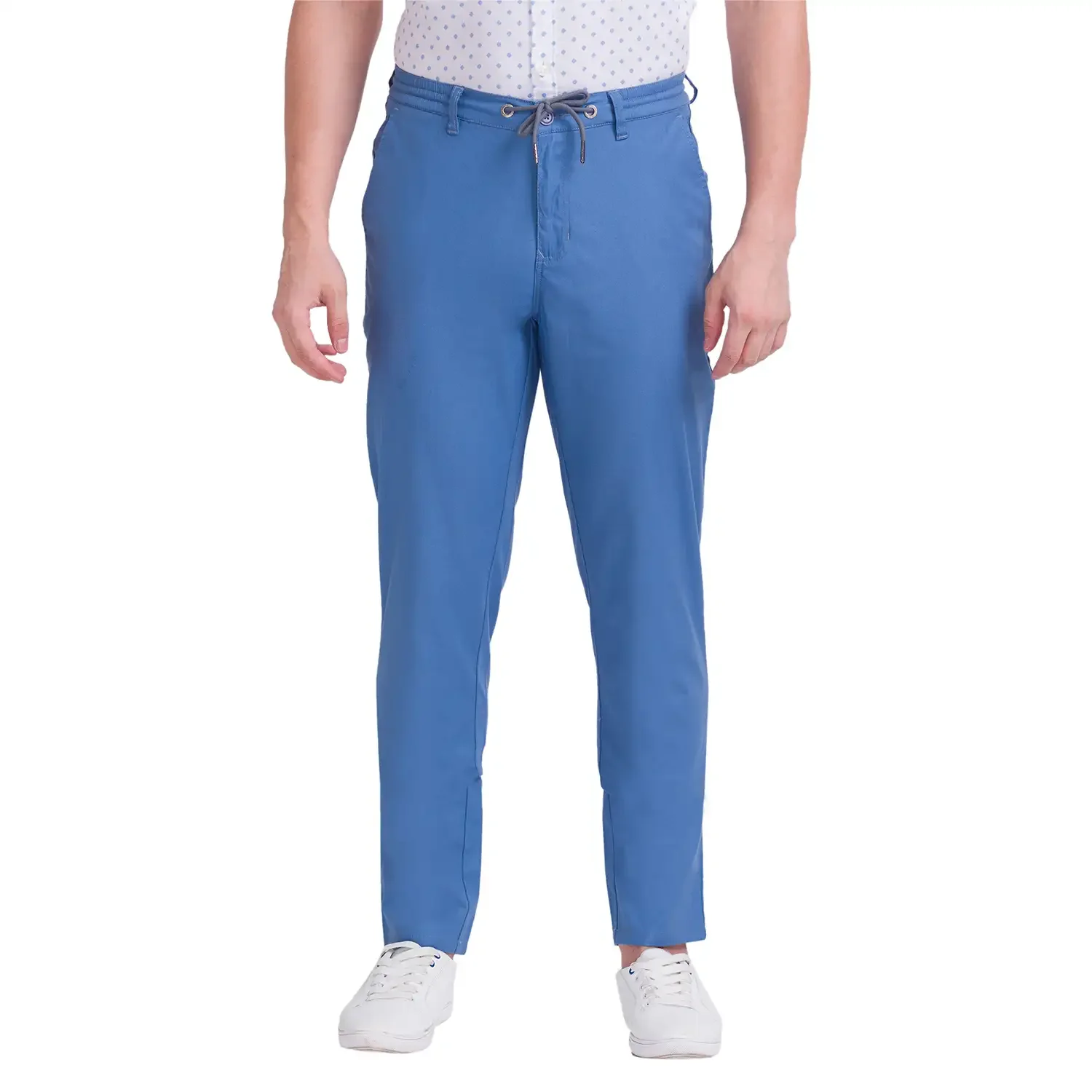 Men Blue Comfort Fit Solid Cotton Blend Trouser