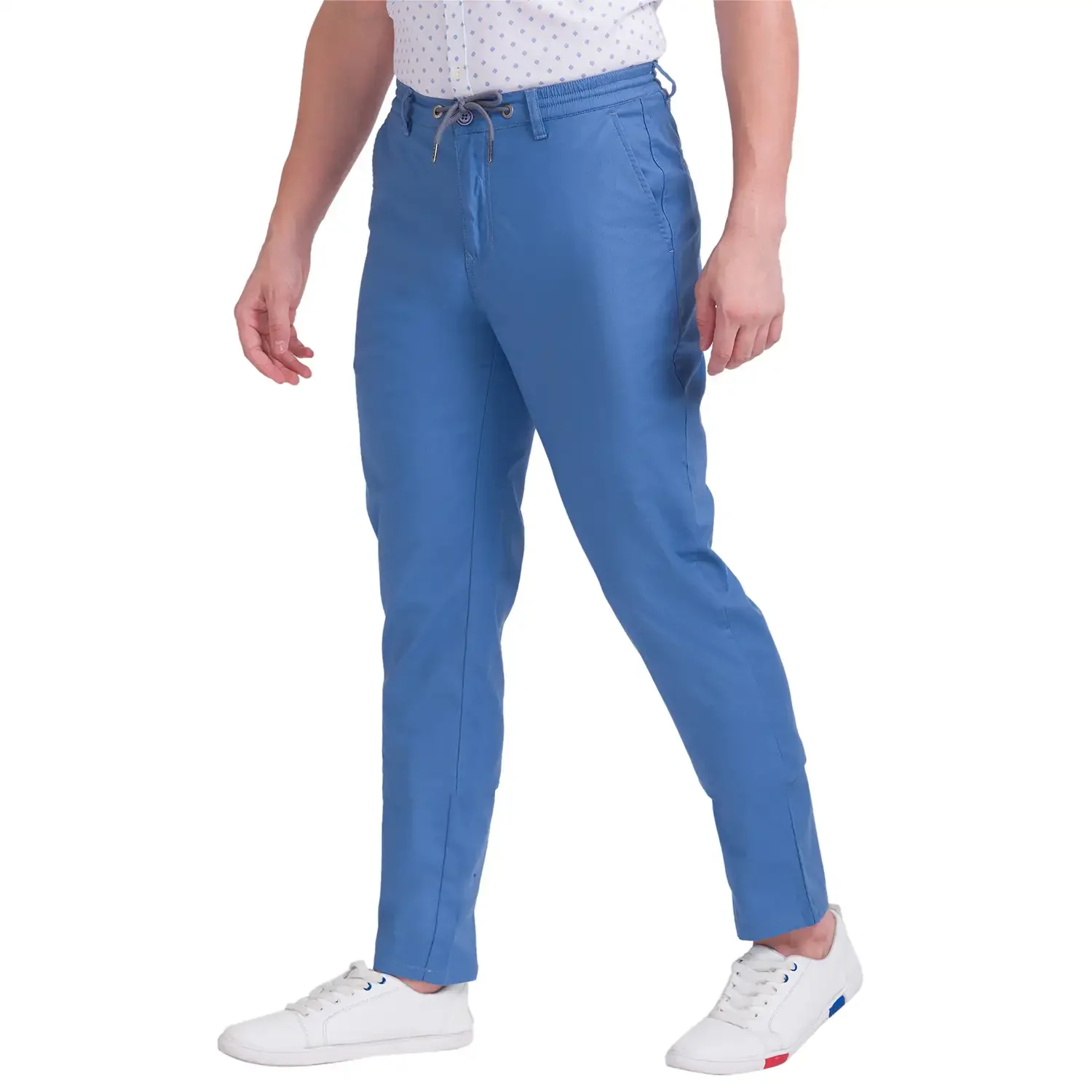 Men Blue Comfort Fit Solid Cotton Blend Trouser - Image 3