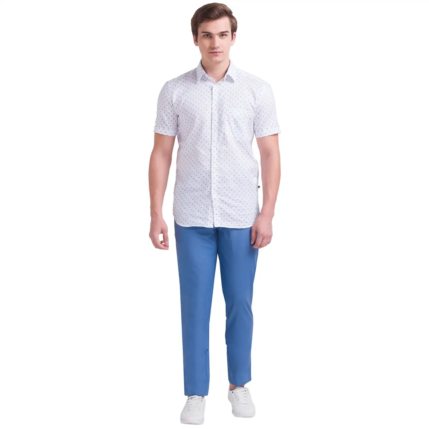 Men Blue Comfort Fit Solid Cotton Blend Trouser - Image 5