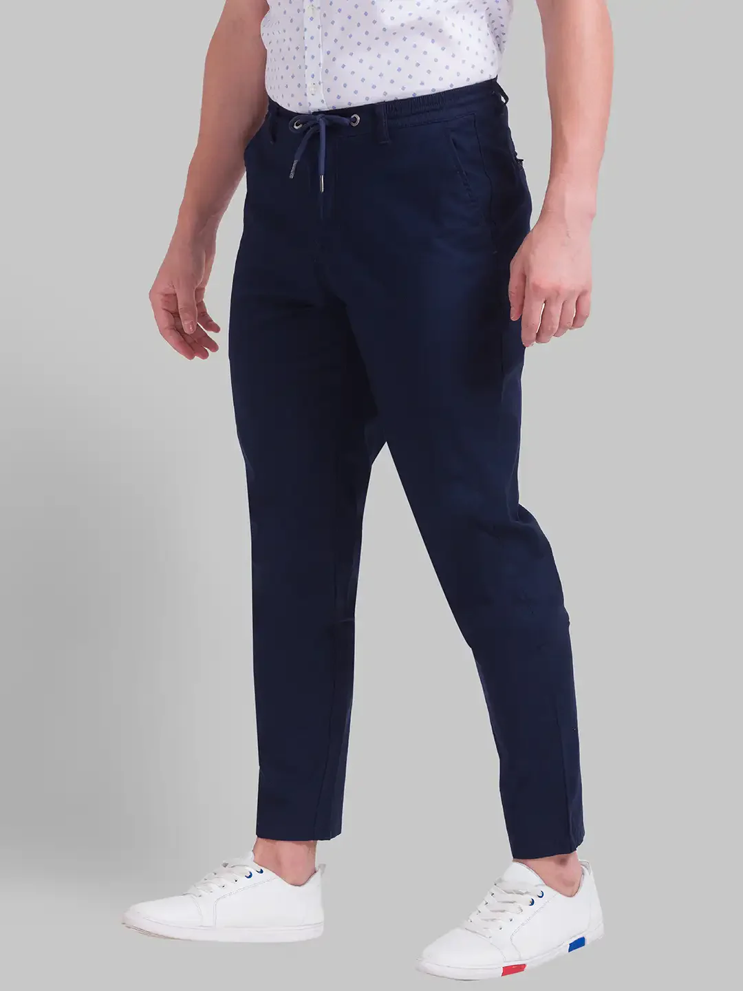 Men Blue Comfort Fit Solid Cotton Blend Trouser - Image 3