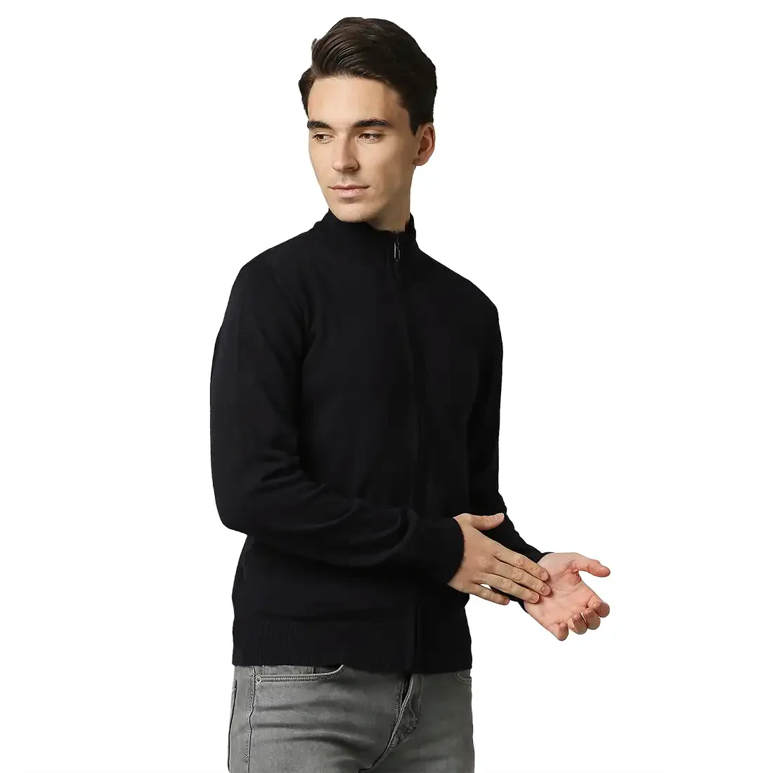 Men Blue Contemporary Fit Acrylic Wool Blend Band Collar Sweaters - Image 2