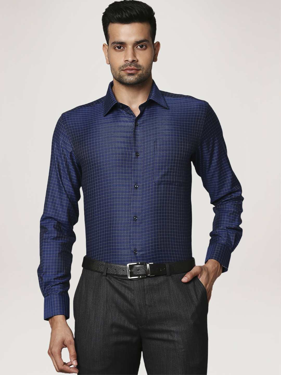 Men Blue Contemporary Fit Checks Cotton Cut Collar Shirts - Image 5