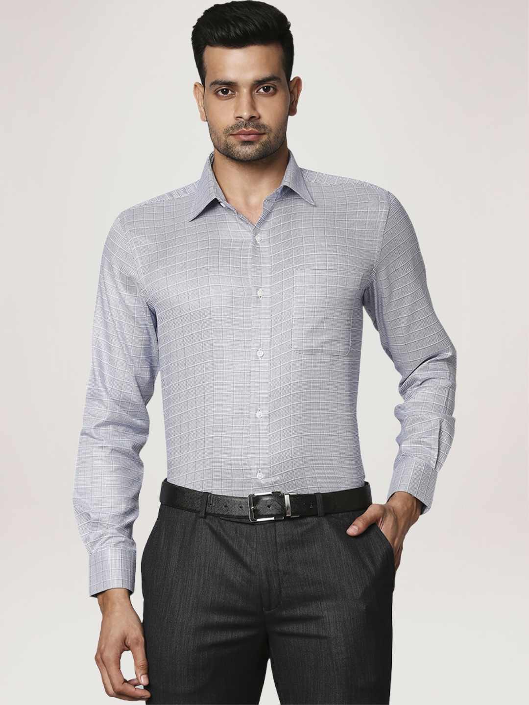 Men Blue Contemporary Fit Checks Cotton Cut Collar Shirts - Image 3