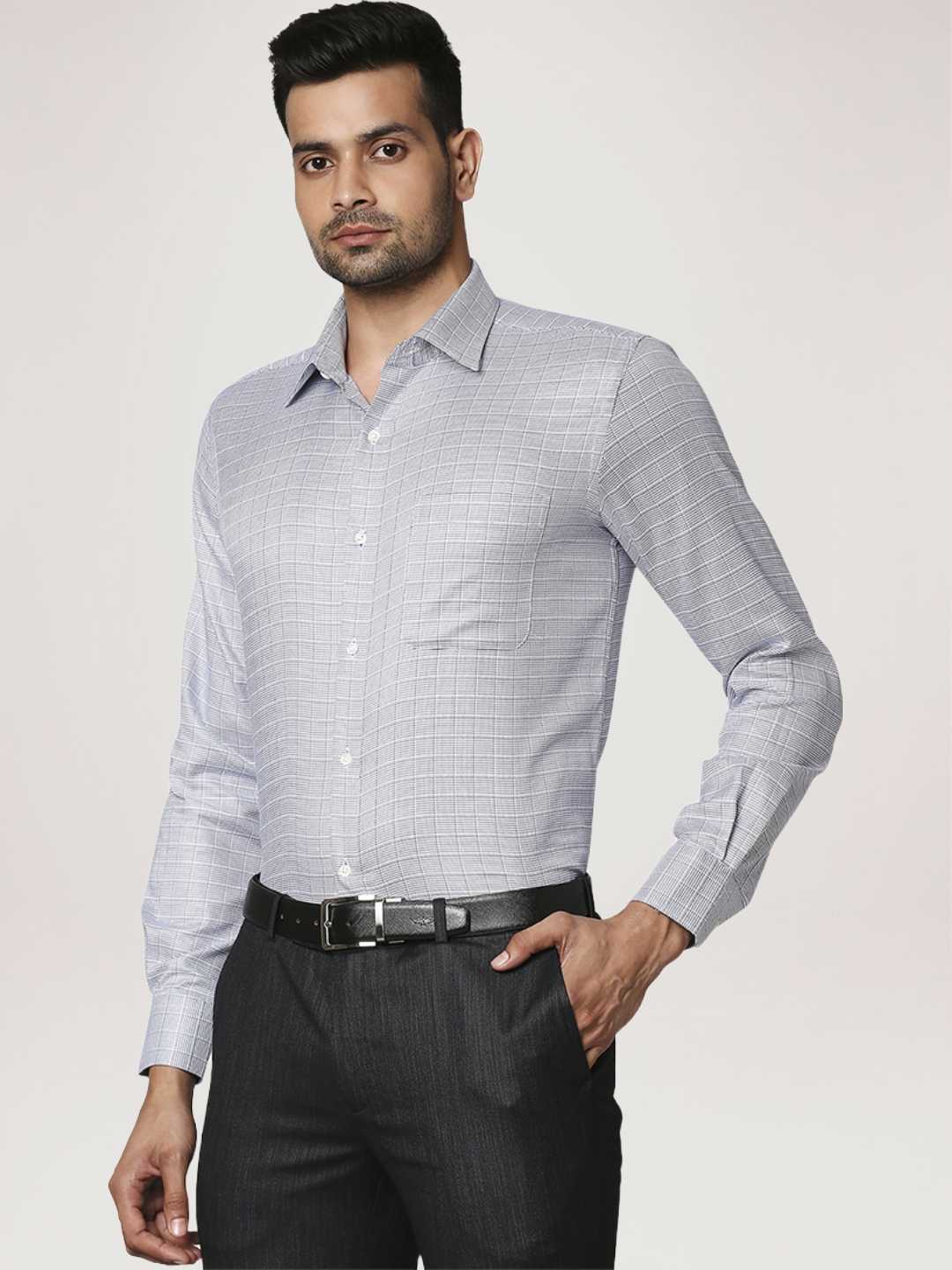 Men Blue Contemporary Fit Checks Cotton Cut Collar Shirts - Image 5