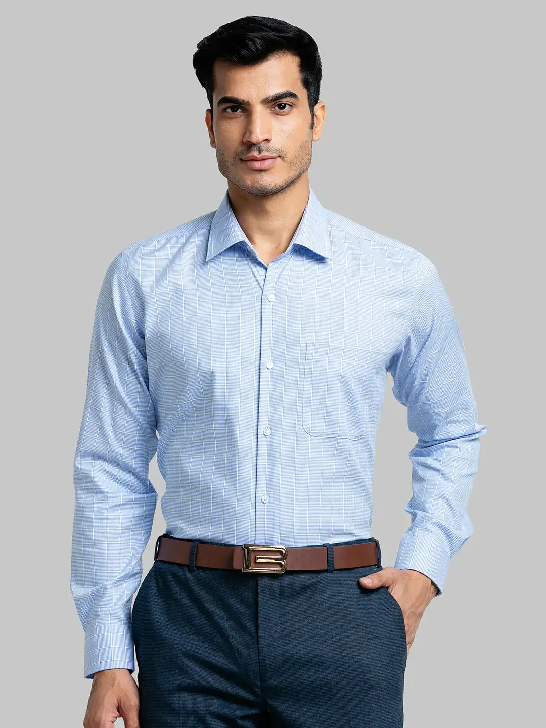 Men Blue Contemporary Fit Checks Cotton Cut Collar Shirts