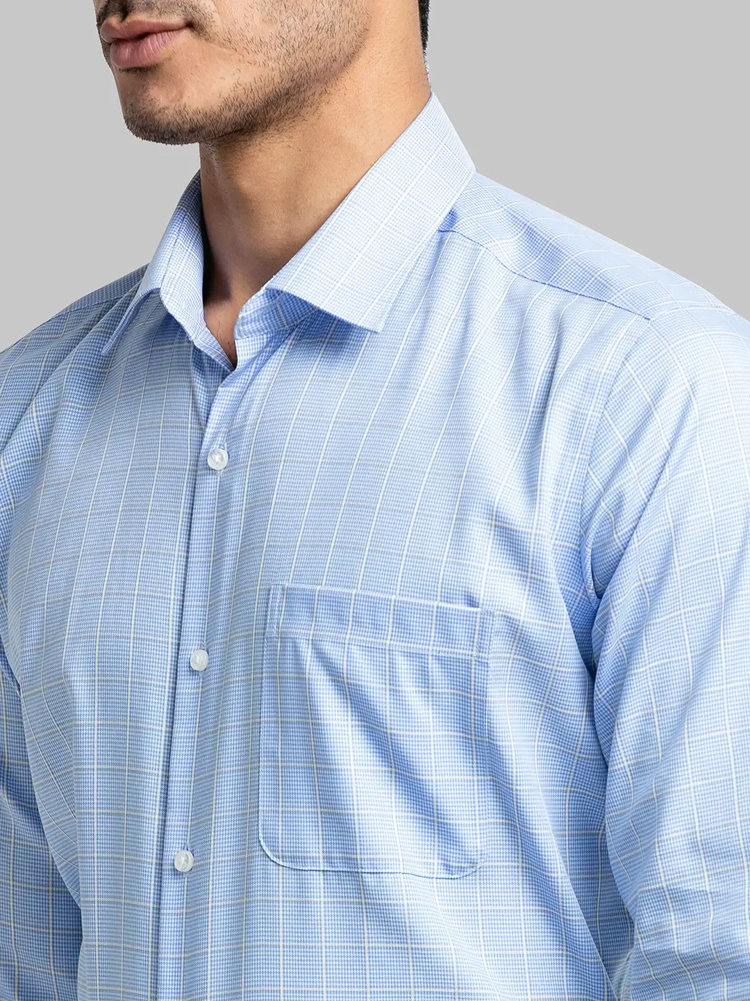 Men Blue Contemporary Fit Checks Cotton Cut Collar Shirts - Image 6