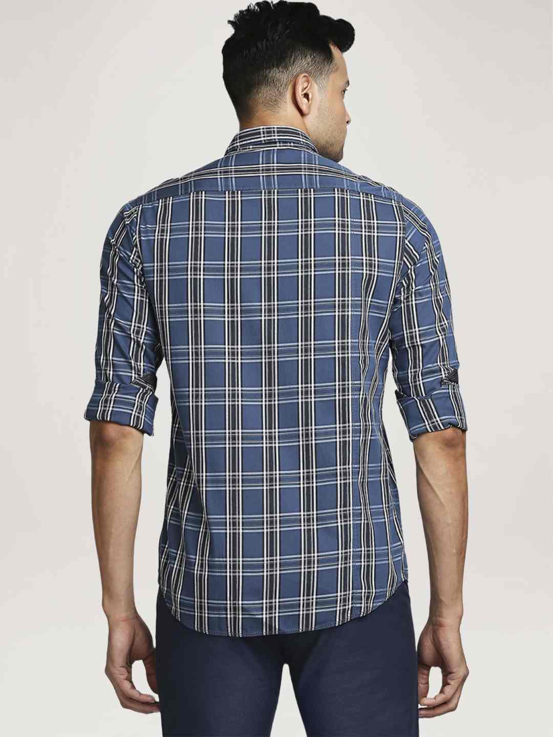 Men Blue Contemporary Fit Checks Cotton Full Sleeve Shirts - Image 3