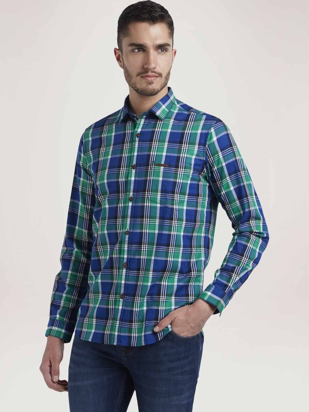 Men Blue Contemporary Fit Checks Cotton Full Sleeve Shirts
