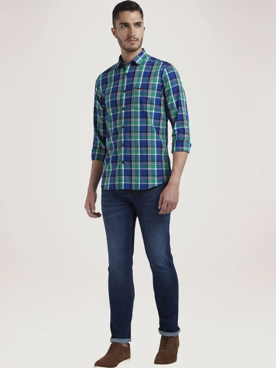 Men Blue Contemporary Fit Checks Cotton Full Sleeve Shirts - Image 5