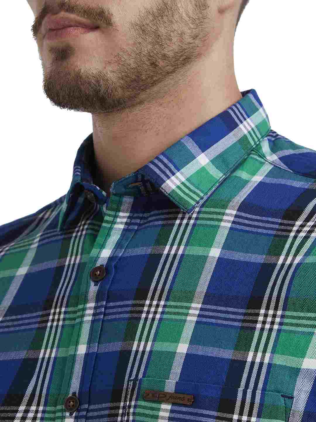 Men Blue Contemporary Fit Checks Cotton Full Sleeve Shirts - Image 6