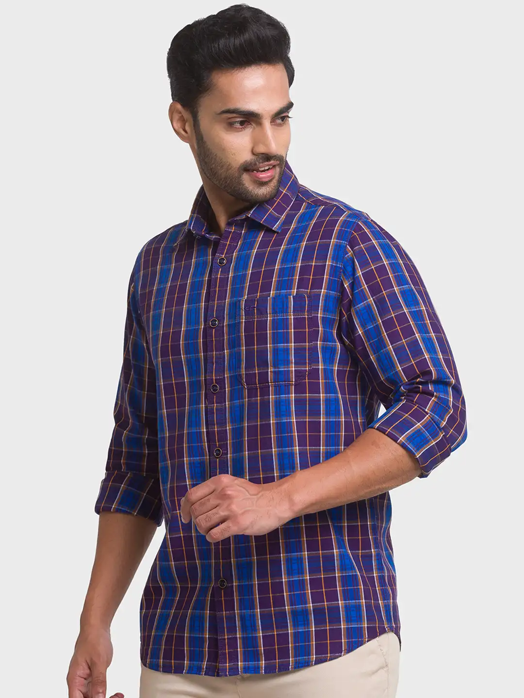 Men Blue Contemporary Fit Checks Cotton Full Sleeve Shirts - Image 3