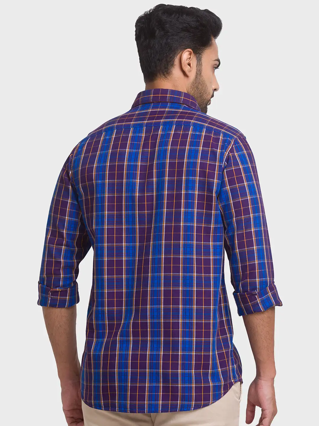 Men Blue Contemporary Fit Checks Cotton Full Sleeve Shirts - Image 4
