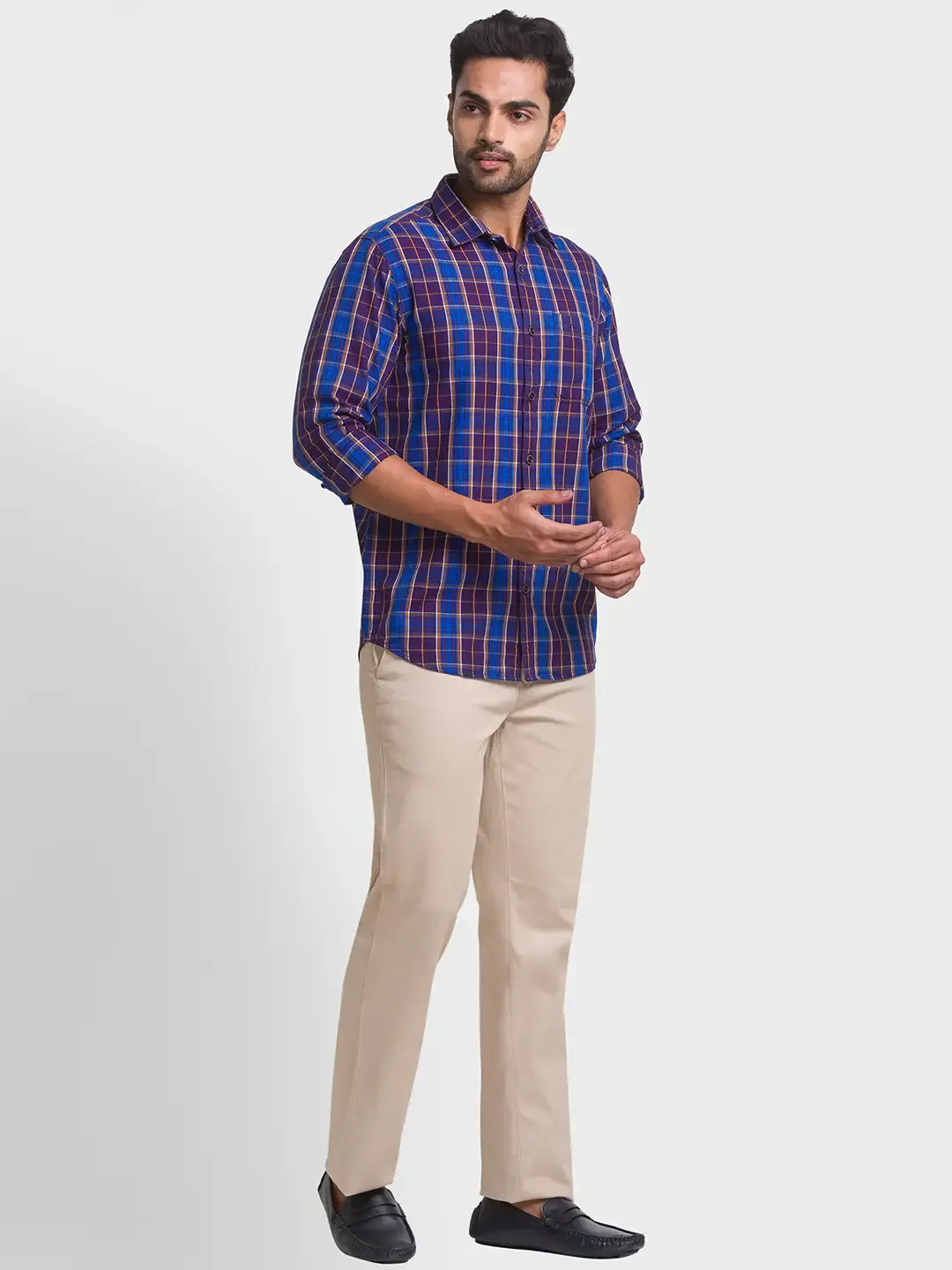 Men Blue Contemporary Fit Checks Cotton Full Sleeve Shirts - Image 5