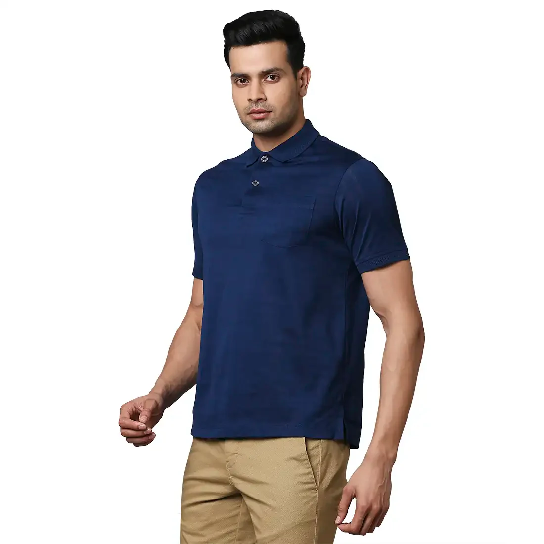 Men Blue Contemporary Fit Checks Cotton Polo T-Shirt - Image 3