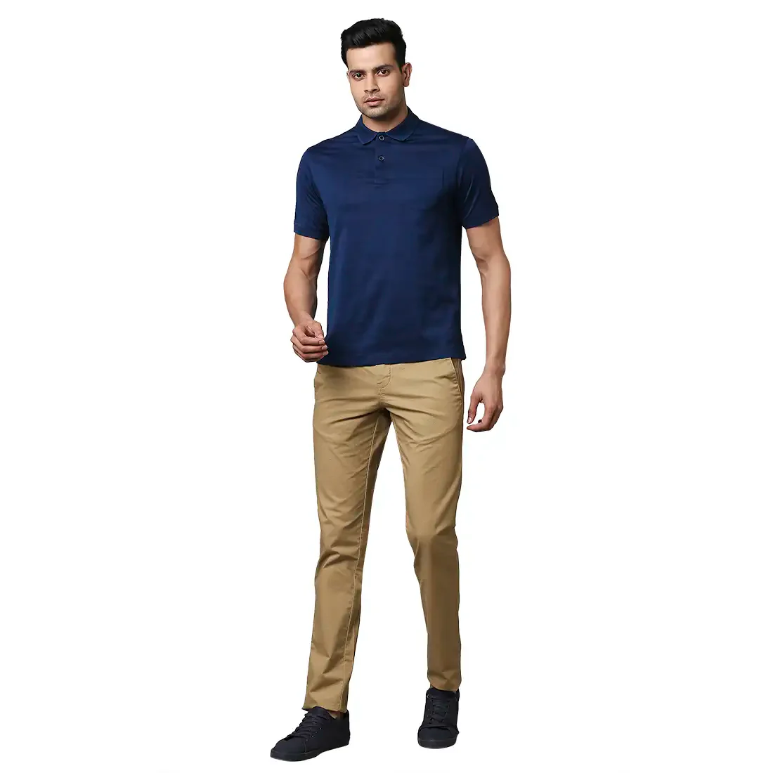 Men Blue Contemporary Fit Checks Cotton Polo T-Shirt - Image 5