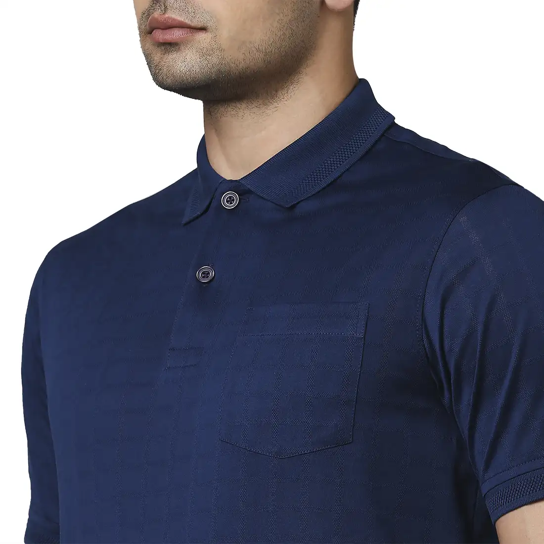 Men Blue Contemporary Fit Checks Cotton Polo T-Shirt - Image 6