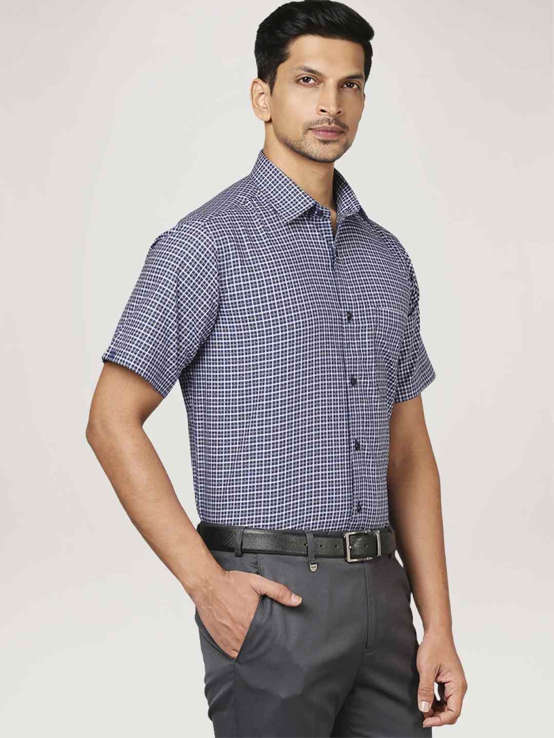 Men Blue Contemporary Fit Checks Cotton Shirts - Image 5