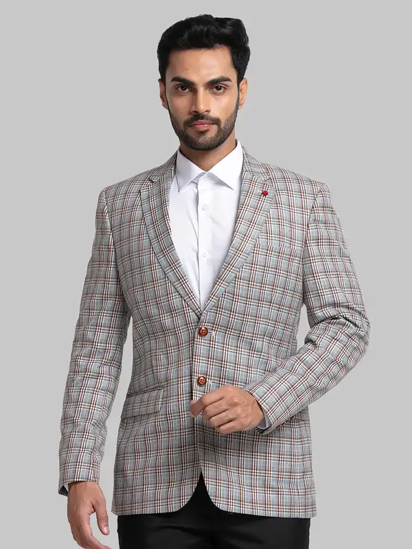 Men Blue Contemporary Fit Checks Polyester Blend Jackets
