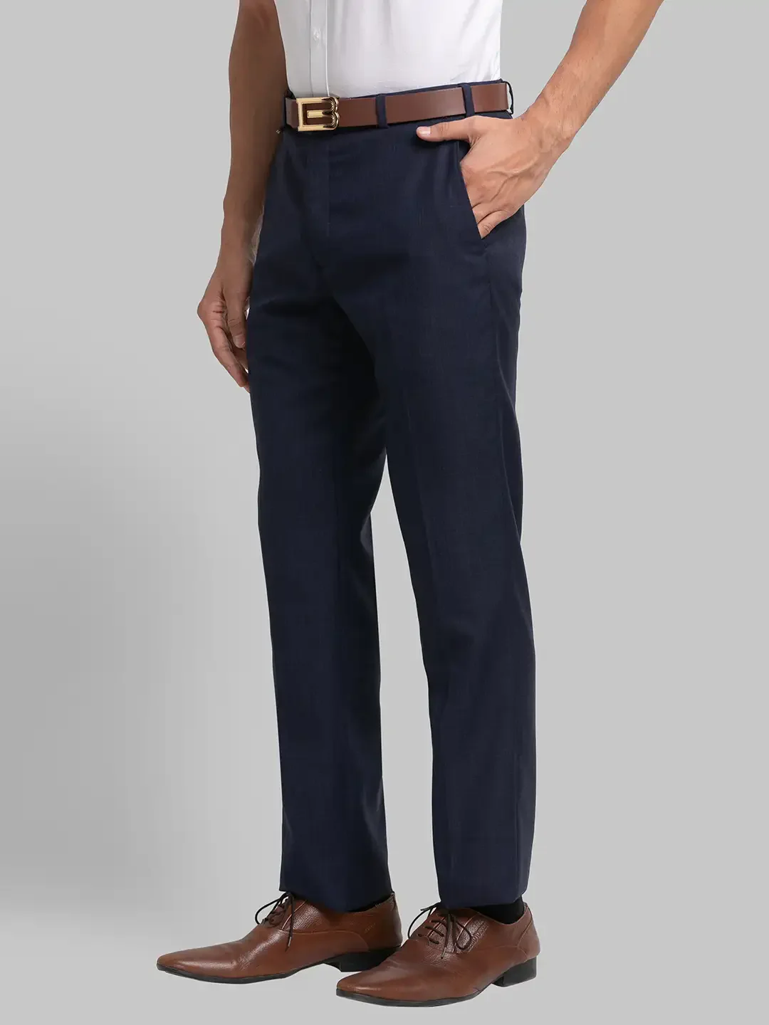Men Blue Contemporary Fit Checks Polyester Blend Trouser - Image 3