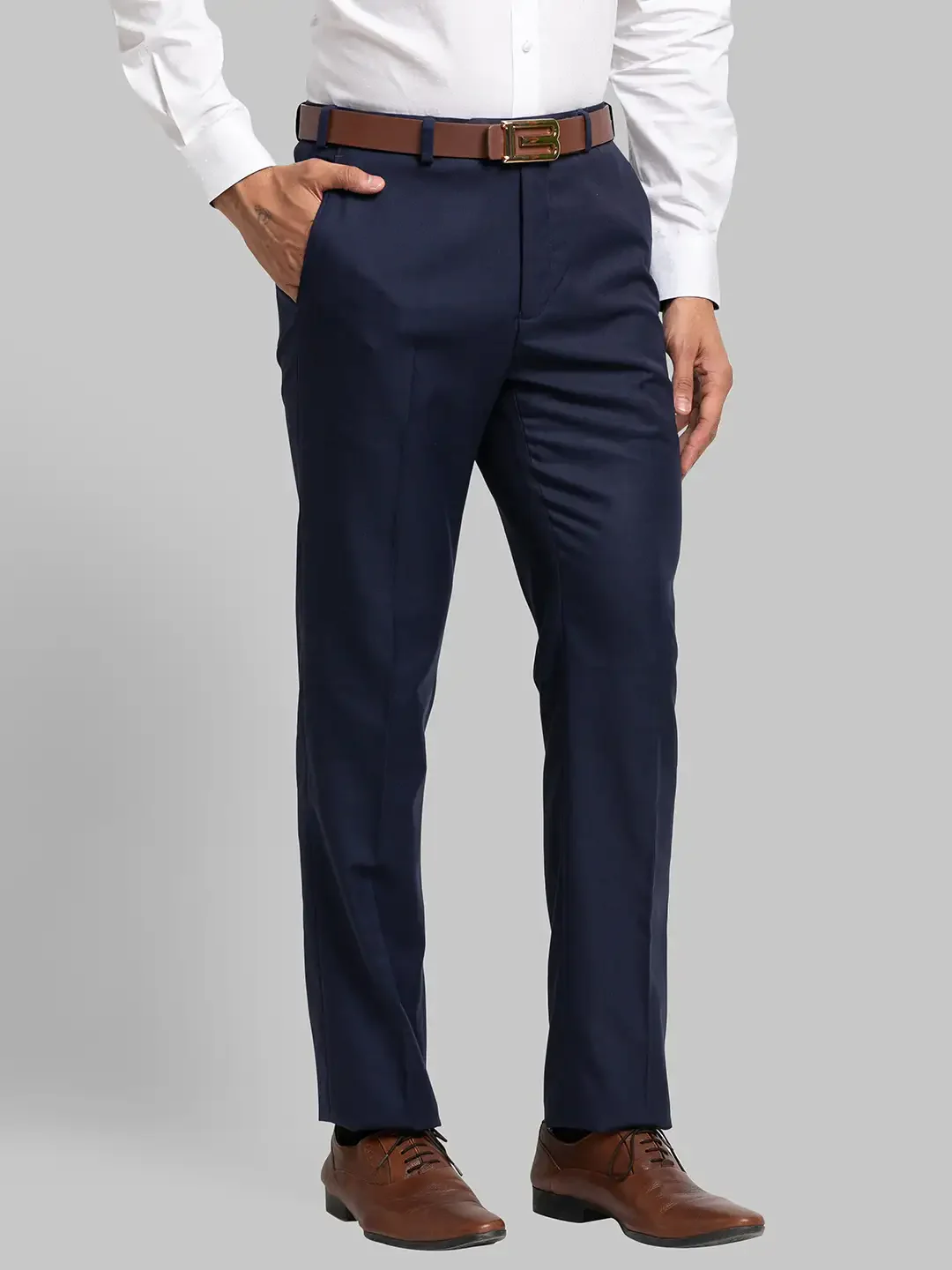 Men Blue Contemporary Fit Checks Polyester Blend Trouser - Image 2
