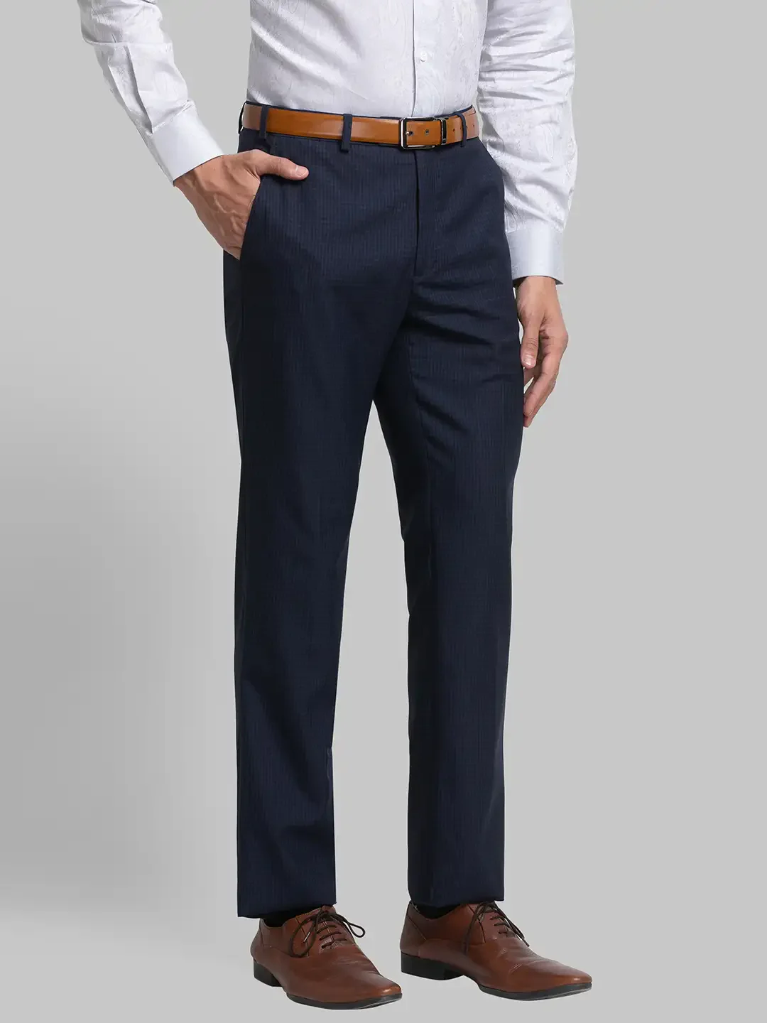 Men Blue Contemporary Fit Checks Polyester Blend Trouser - Image 2