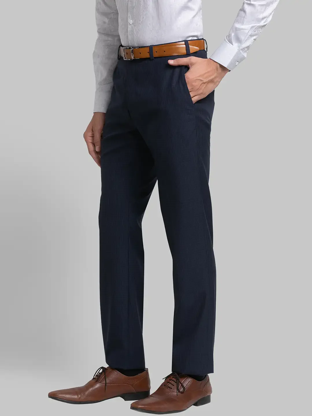 Men Blue Contemporary Fit Checks Polyester Blend Trouser - Image 3