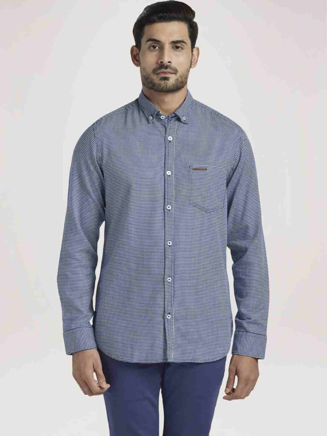 Men Blue Contemporary Fit Dobby Cotton Full Sleeve Shirts - Image 4