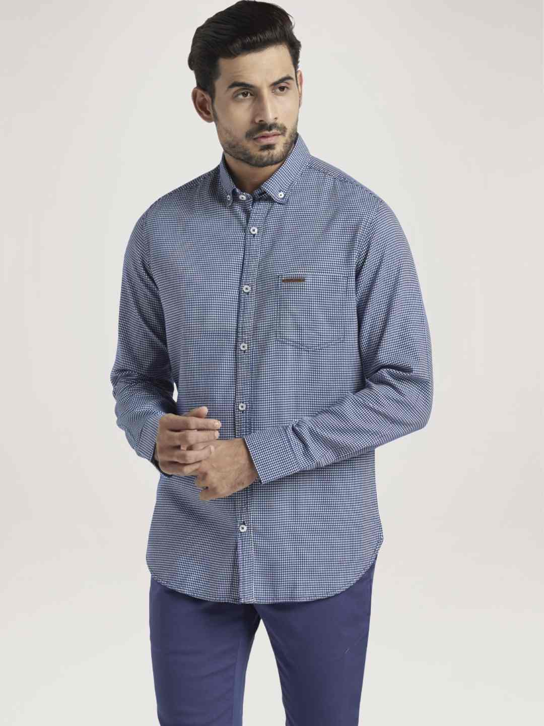 Men Blue Contemporary Fit Dobby Cotton Full Sleeve Shirts - Image 5