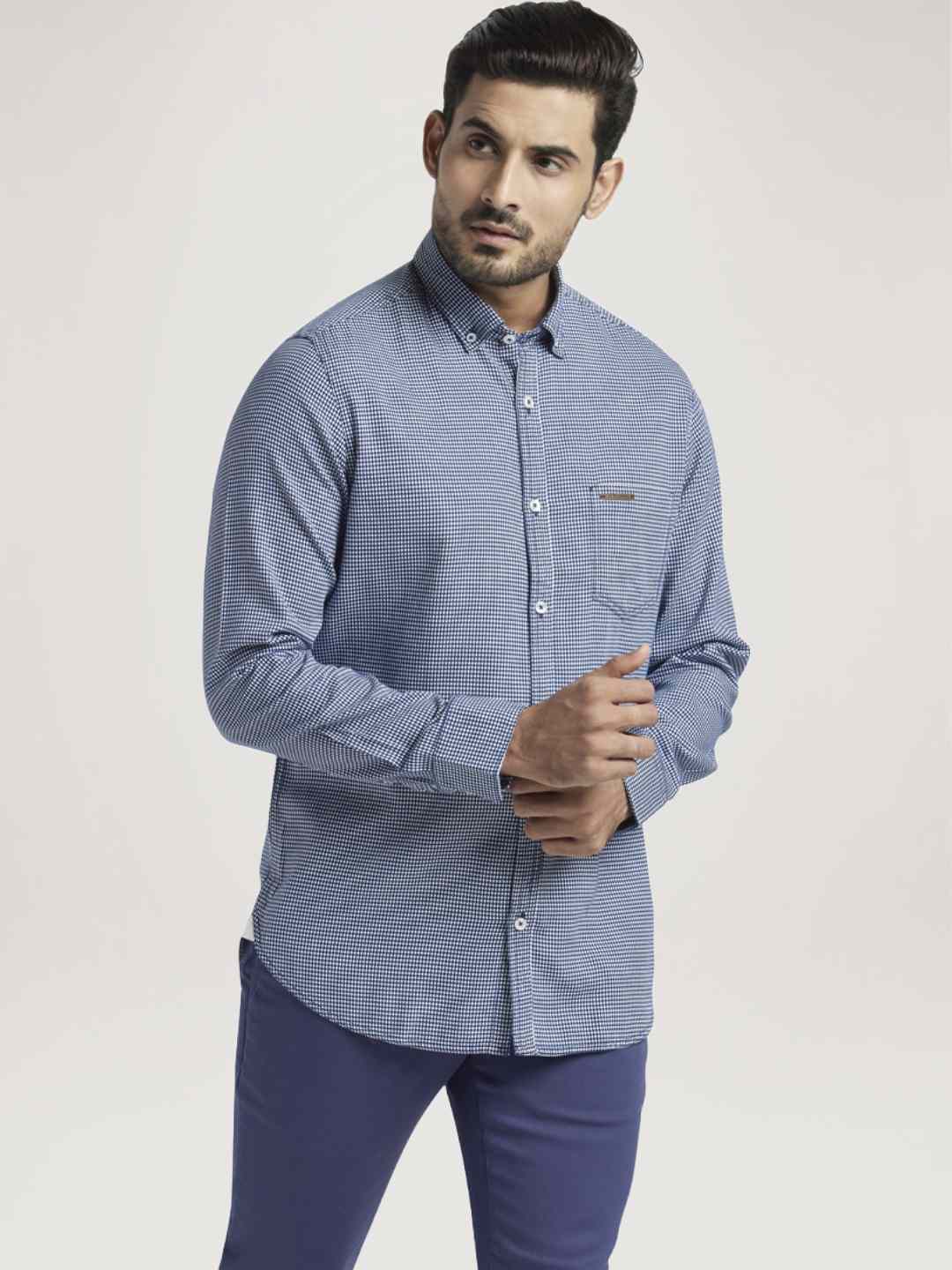 Men Blue Contemporary Fit Dobby Cotton Full Sleeve Shirts - Image 6