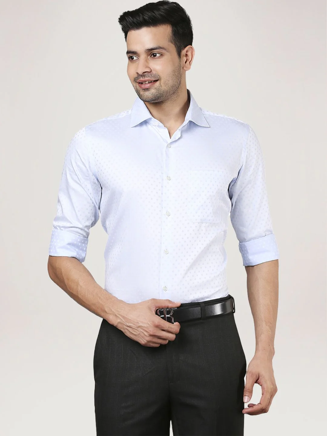 Men Blue Contemporary Fit Jacquard Cotton Cut Collar Shirts - Image 6