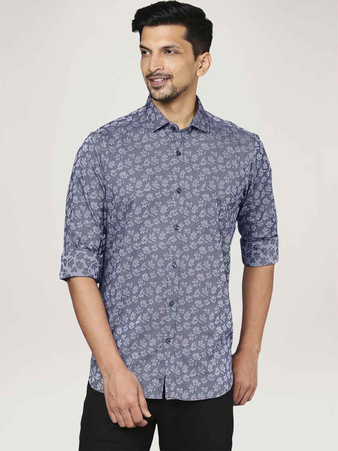 Men Blue Contemporary Fit Jacquard Cotton Shirts - Image 5