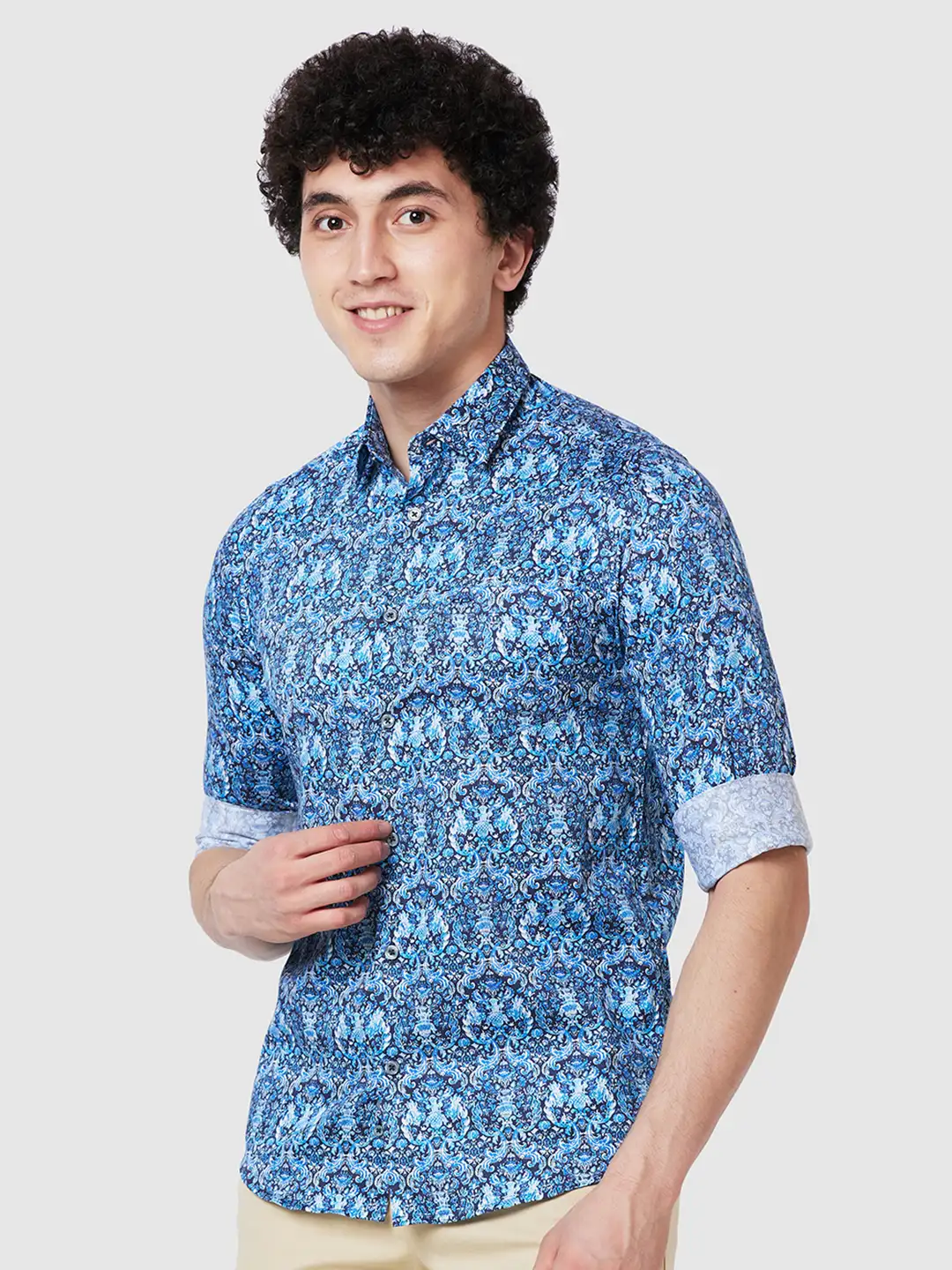 Men Blue Contemporary Fit Print Cotton Full Sleeve Shirts - Image 3