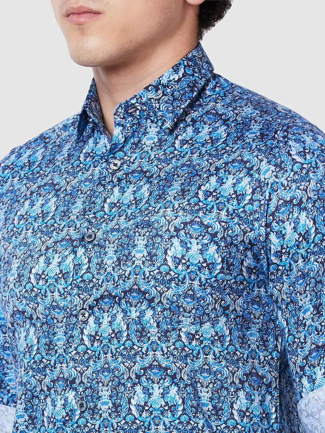 Men Blue Contemporary Fit Print Cotton Full Sleeve Shirts - Image 6