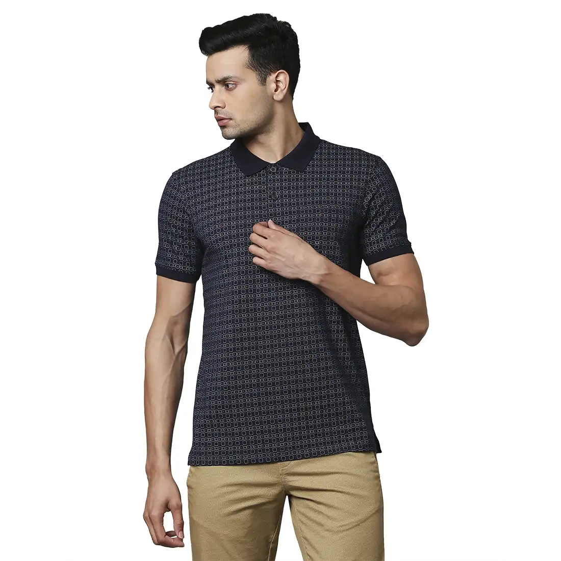 Men Blue Contemporary Fit Print Cotton Polo T-Shirt