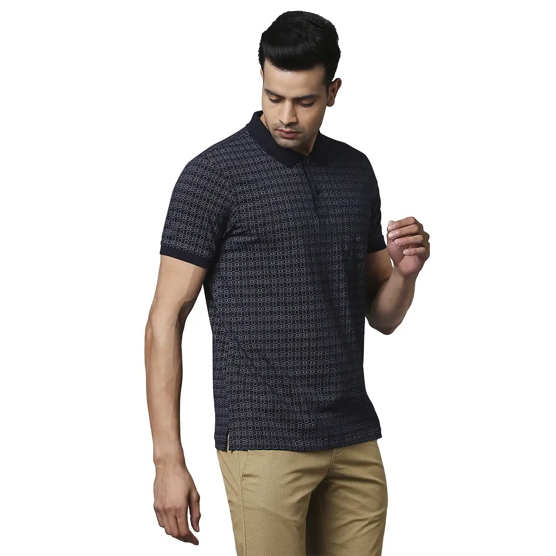 Men Blue Contemporary Fit Print Cotton Polo T-Shirt - Image 2