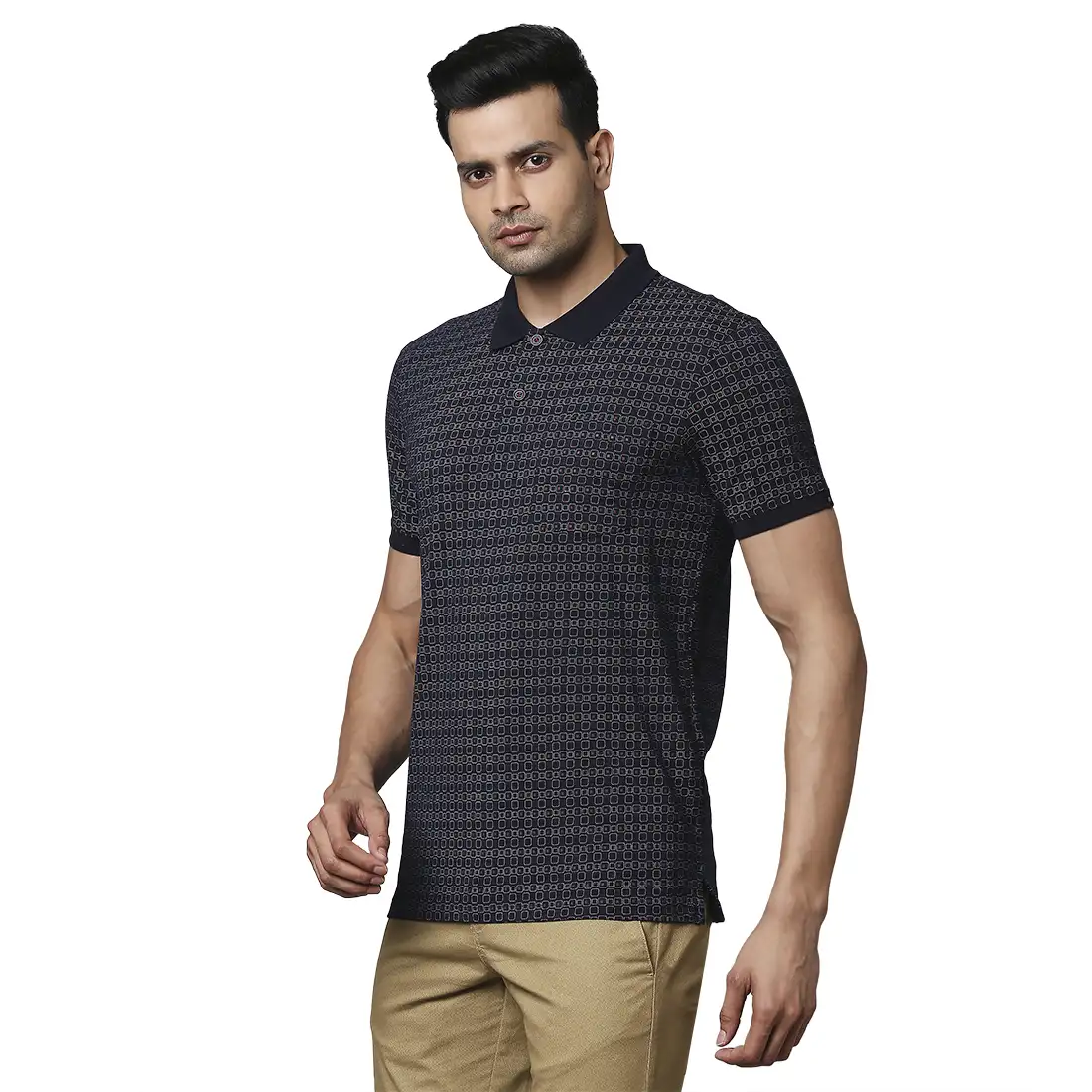 Men Blue Contemporary Fit Print Cotton Polo T-Shirt - Image 3