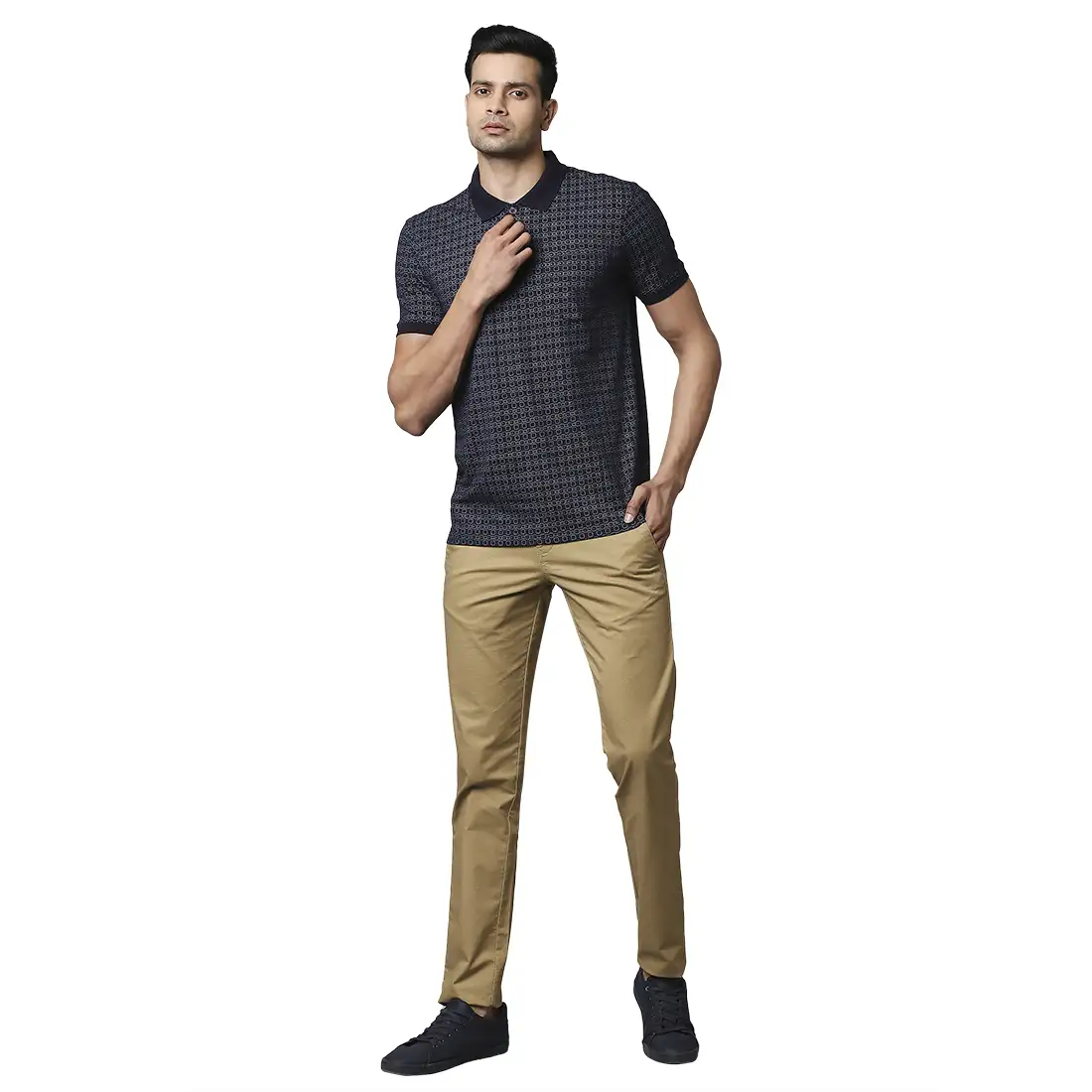 Men Blue Contemporary Fit Print Cotton Polo T-Shirt - Image 5
